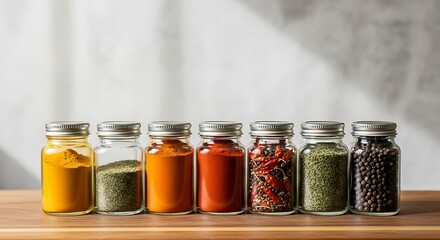 Spices organized by color in glass jars, front view