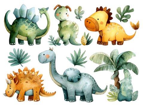 watercolor set of dinosaurs isolated on transparent background