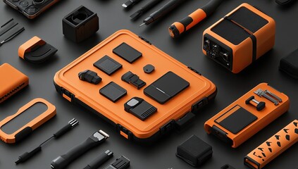 Assorted electronic components and tools in an orange case, on a dark background