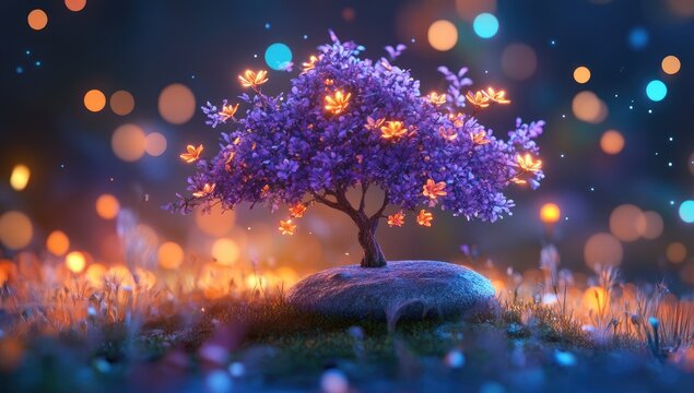 Magical tree with luminous flowers in a mystical night setting