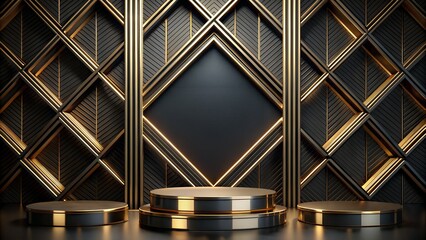 "Luxurious gold and black geometric podium on a deep velvet background, opulent, high-end product display, glamorous."
