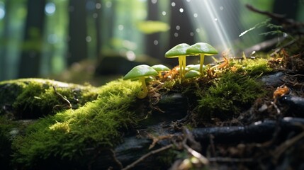 A close-up of a mossy rock in a forest, with tiny plants and fungi growing on the surface, and soft beams of sunlight filtering through.
