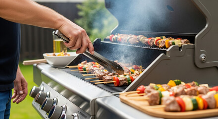 Man grilling meat skewers on a modern gas barbecue grill in the backyard. A social summer BBQ party concept with a focus on outdoor cooking and food