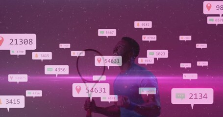 Athlete having notification bubbles swirling lifting racket swinging for social media celebration - Powered by Adobe
