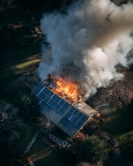 Obraz premium Aerial View of Burning House with Solar Panels