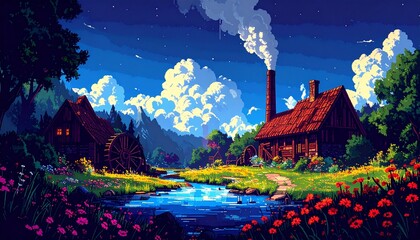 レトロゲーム風の自然なピクセルアート背景（星空と水車が回る静かな村） Generative AI