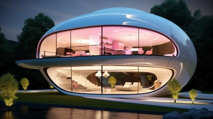 A futuristic dome-shaped smart home with interactive glass panels, soft glowing ambient lights, and minimalist landscaping, floating on a white background.