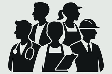 Silhouette Vector of Diverse Professionals,  Doctor, Engineer, Worker, and Service Staff Team Illustration for Workforce and Occupation Concepts