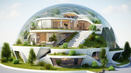 A futuristic eco-dome house with large curved glass panels, solar energy integration, and a lush indoor-outdoor greenhouse, positioned against a white background.