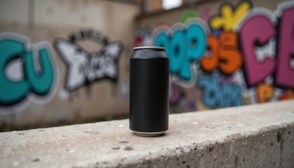 Black beverage can resting on concrete with colorful graffiti background  