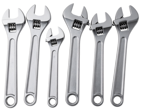  - Chrome-Finished Adjustable Wrench Set with Grip Handles, isolated on a transparent background.