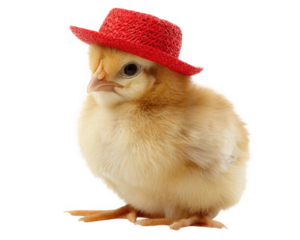 Cute chick wearing vibrant red hat stands out against transparency background, showcasing its fluffy feathers and curious expression. This charming image captures playful spirit of chick