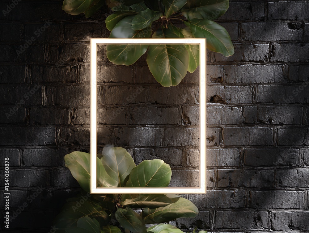 Poster illuminated rectangular frame with greenery on dark brick wall
