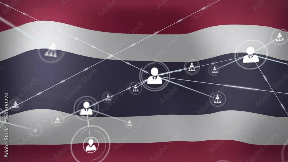 Poster ring pulsing triggers avatar icons linking into branching nodes on thai flag showing network growth