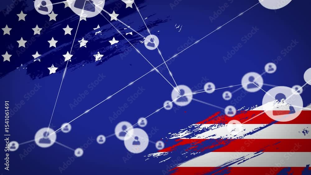 Poster pale circle extending line spawning nodes, animating network growth across flag stripes and stars