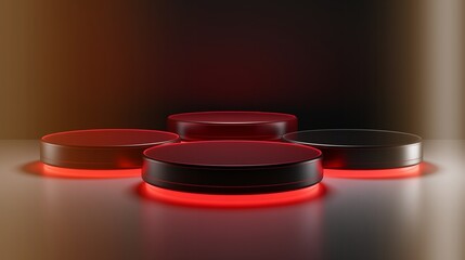 A sleek, modern round podium illuminated by a bold red light, standing against a clean white background. 
