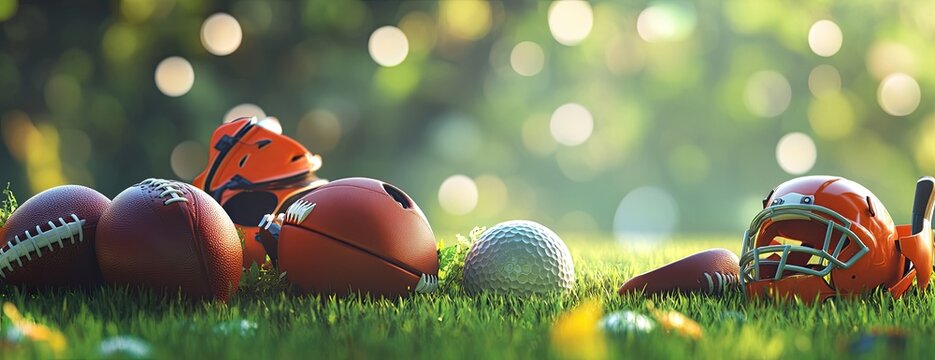 Football gear on a grassy field bathed in sunlight - Powered by Adobe