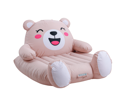 Cute inflatable bear chair designed for comfort and fun, featuring smiling face and soft pink color. Perfect for kids rooms or playful spaces, this chair adds whimsical touch to any setting