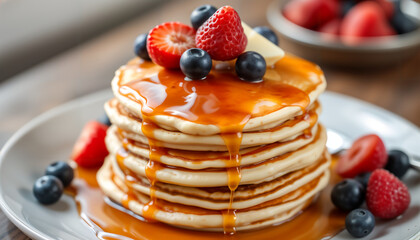 たっぷりのベリーとメープルシロップがとろける豪華パンケーキ
