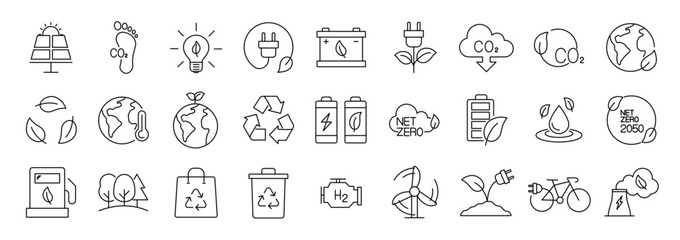 Net Zero icon set. Containing ECO, ecology, environment, recycling, green energy, organic, solar energy, green city, CO2 neutral and more. Editable line icons. Vector illustration.