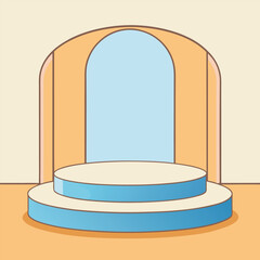 A minimalist stage mockup with soft pale blue, crisp white, and warm tan backdrop