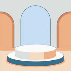 A minimalist stage mockup with soft pale blue, crisp white, and warm tan backdrop