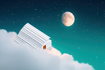 White House on Clouds Under Night Sky with Full Moon