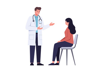A doctor in a white coat talks with a woman seated on a chair in a medical consultation setting