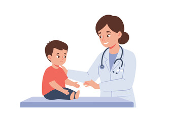 A doctor with stethoscope comforting a child on an examination table