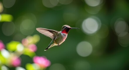 Fototapeta premium A hummingbird in flight, surrounded by soft-focus greenery and pink blossoms