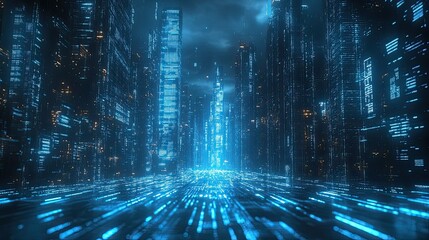 Code compiling with matrix-inspired vertical blue lines on dark background, symbolizing tech. 