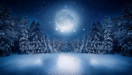 mystical winter forest at night moonlight shining through trees with snow covering ground