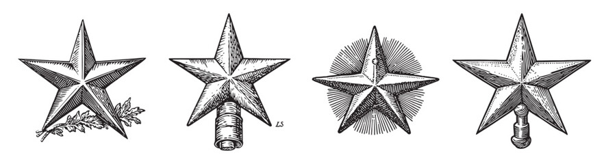 A collection of vintage star illustrations featuring distinct designs. These engravings showcase intricate details and classic styles suitable for creative projects., set vector illustration