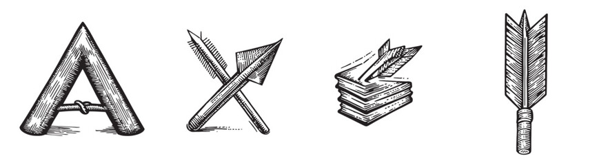 Obraz premium A collection of hand-drawn vintage tools and symbols perfect for art projects, including a ruler, arrows, paper, and feathers. Ideal for creative design., set vector illustration