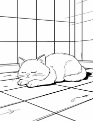 A simple line drawing of an illustration, a cute cat sleeping on the floor in front of grid windows.