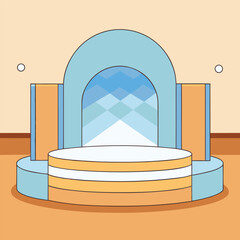 A minimalist stage mockup with soft pale blue, crisp white, and warm tan backdrop