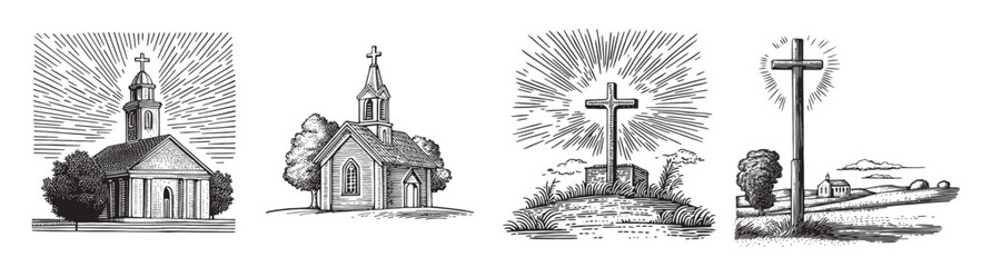 A collection of vintage black and white illustrations featuring various church buildings and crosses that represent faith and spirituality in a historic style., set vector illustration