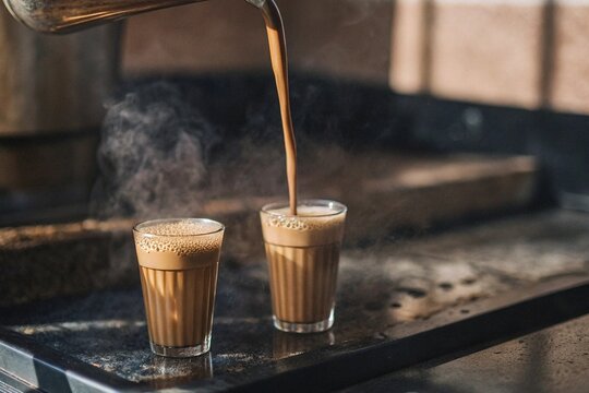 Close-up of hot Indian chai tea being poured into small glass cups

