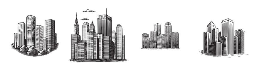 Black and white sketches of urban city skylines showcase diverse architectural styles and structures, perfect for creative projects and urban-themed designs., set vector illustration