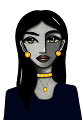 Portrait, painting in traditional art style of a beautiful young woman, girl with long black hair and brows, red lips, brown eyes, gold necklace and earrings, blue sweater. PNG, isolated, enface