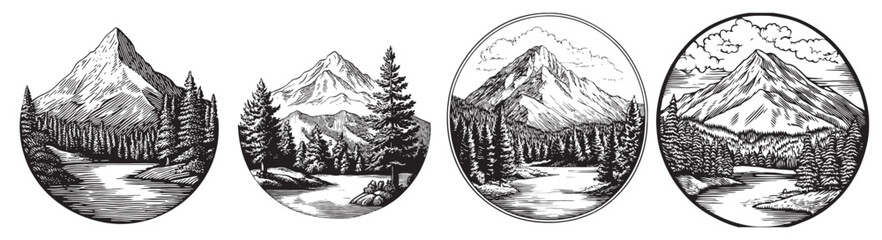 Set of four black and white illustrations showcasing majestic mountain landscapes with rivers and forests, perfect for nature-themed projects or decor., set vector illustration