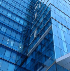 Architectural Blue: A modern architectural marvel, showcasing a sleek and contemporary glass facade that reflects the vibrant city skyline and bright daylight.