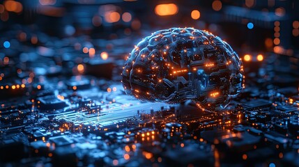 Close-up view of an advanced artificial intelligence circuit board with glowing elements 