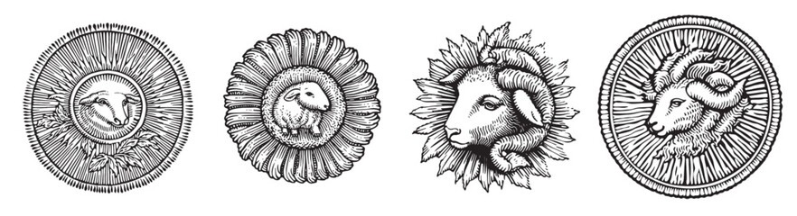 A collection of traditional engravings featuring sheep and ram illustrations in various detailed circle designs, perfect for art and graphic projects., set vector illustration