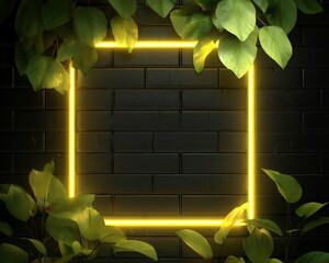 Yellow Neon Square Frame with Green Foliage on Brick Wall