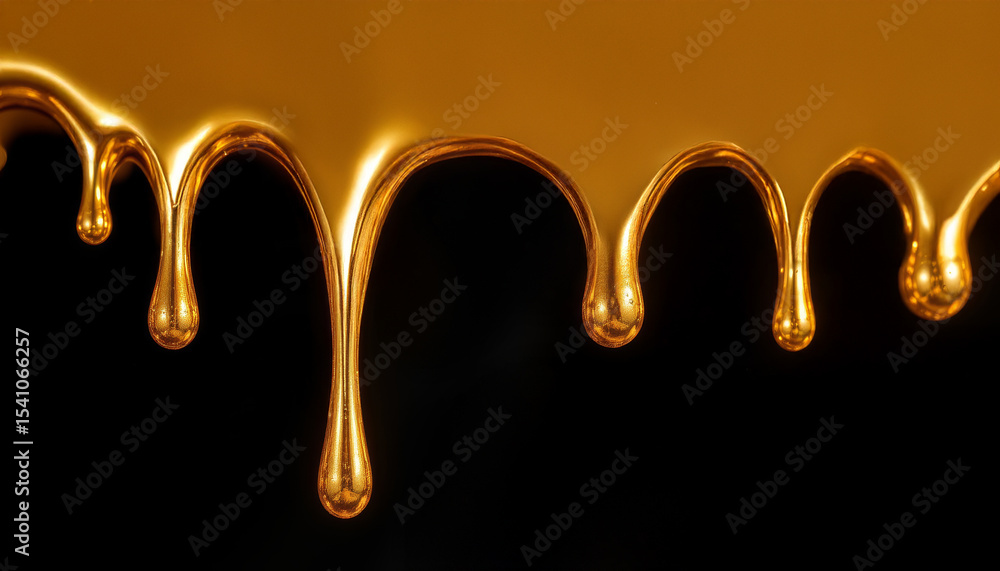 Poster liquid gold dripping in closeup with shiny smooth texture and warm glowing color on black background
