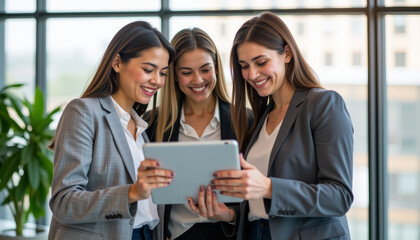 Confident businesswomen collaborating in corporate office using digital tablet with happy expressions
