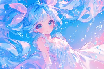 水色の髪の美少女（ファンタジー・癒し・透明感）