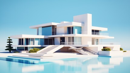 A geometric modern mansion with floating staircases, oversized windows, and a minimalist pool deck, isolated on a white background.