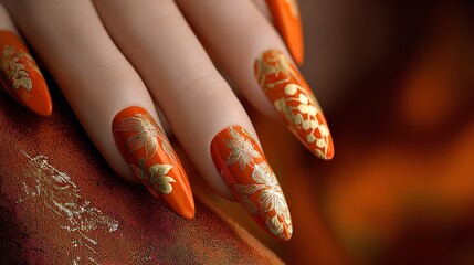 Woman hand with stylish manicure. Orange, gold colors nail polish design with autumn forest themed illustration, holding autumn leaf. Perfect for beauty salon promotion, seasonal nail art, october